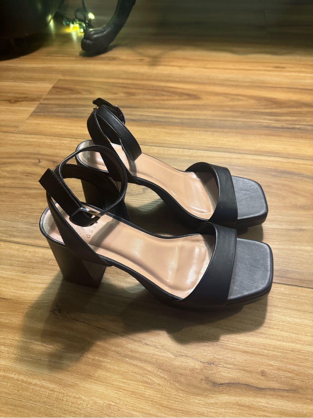 a new day Black Square-Toe Block Heel Ankle-Strap Sandals